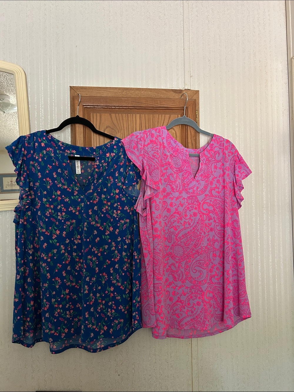 bundle of two Flutter Sleeve Tops 1 blue and 1 pink by dear Scarlett Sz. 2X